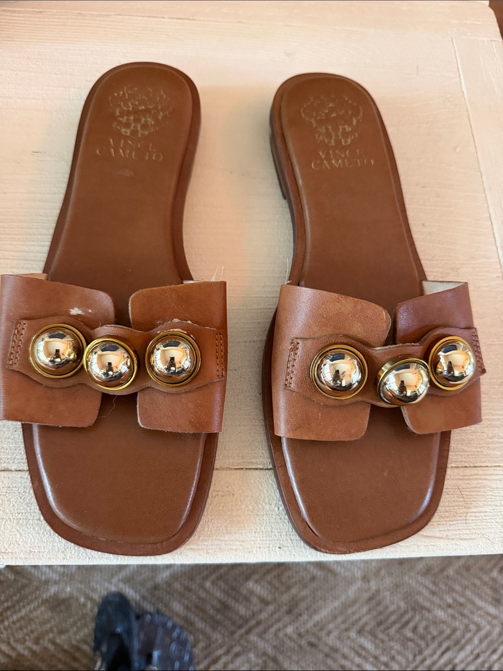 Vince Camuto Tan Leather Slide Sandals with Gold Orbs